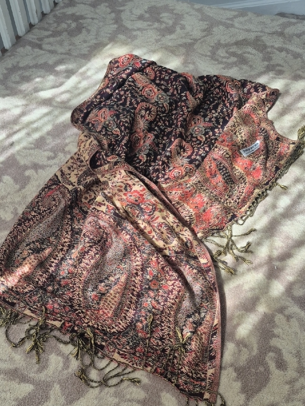 Boho Floral Paisley Fringe Scarf Shawl in Coral, Black and Tan